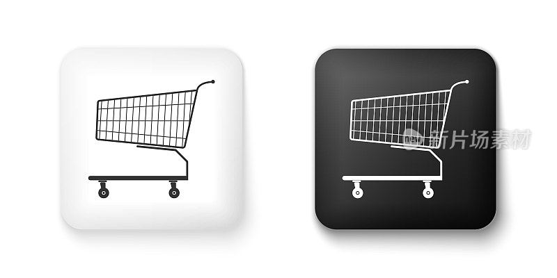 Black and white Shopping cart icon isolated on white background. Online buying concept. Delivery service sign. Supermarket basket symbol. Square button. Vector